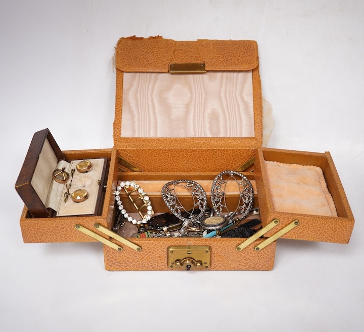 A small quantity of assorted mainly costume jewellery and other items, including a paste set buckle, two cut steel ornaments, a 10k and cultured pearl set ring, enamelled pencil, tortoiseshell lorgnettes, an Edward I Iri